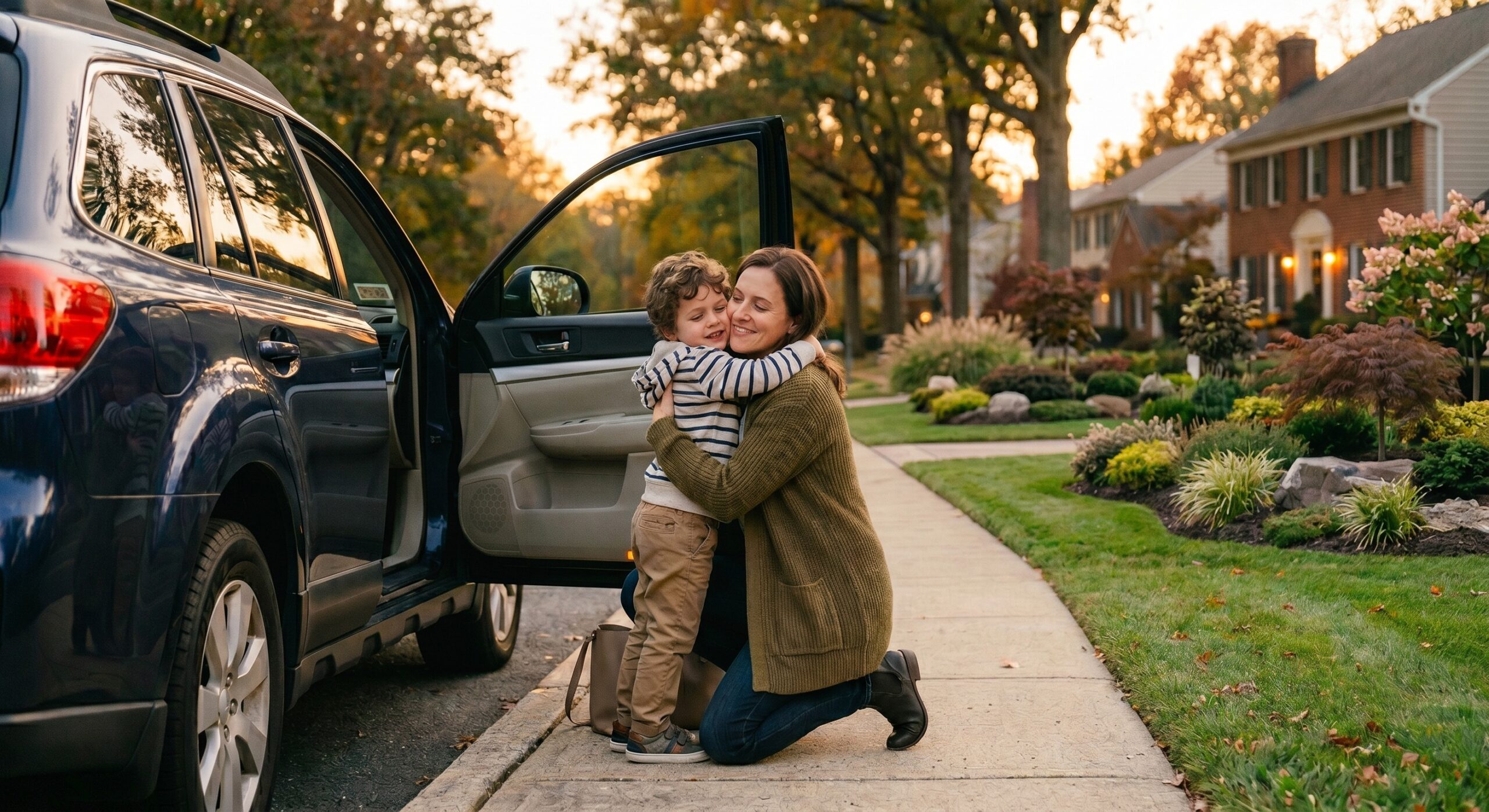Mother kneeling to hug her young son beside the open door of the family car