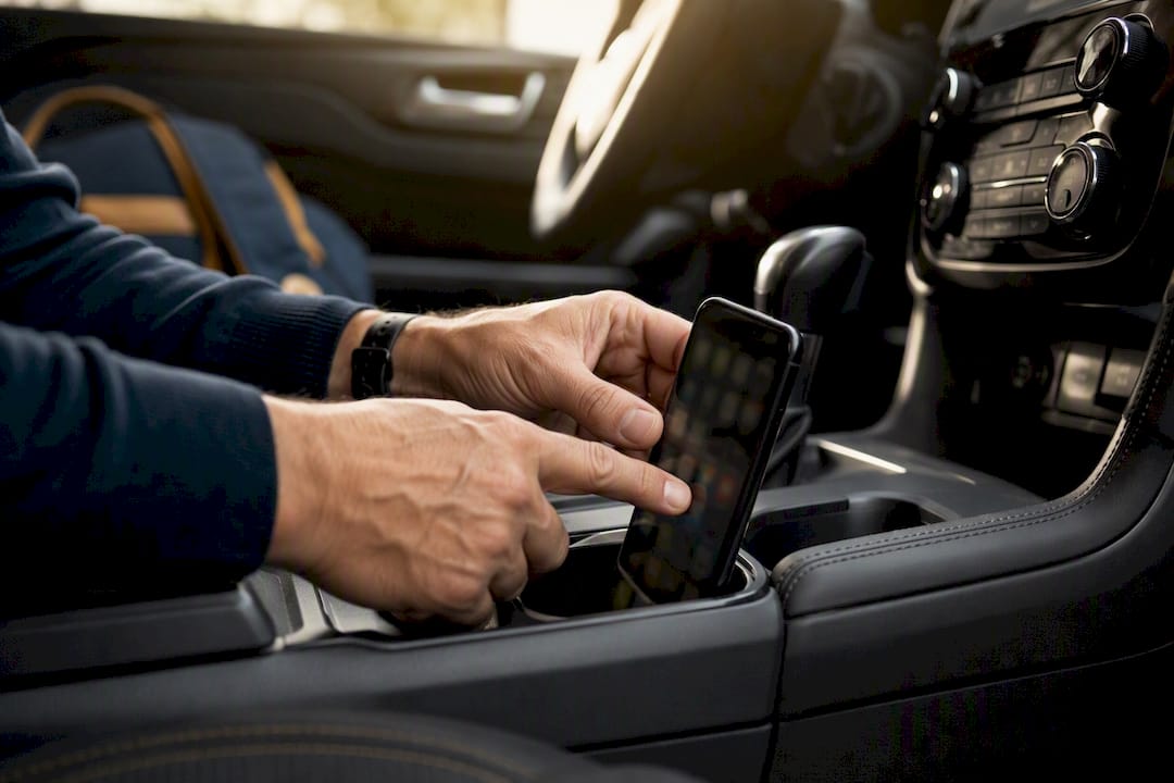 Hands adjusting phone settings in car