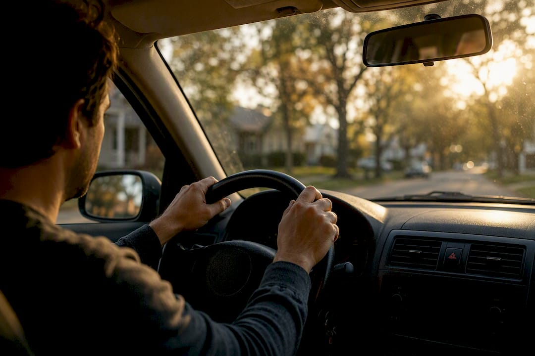 Driver gripping steering wheel anxiously inside car
