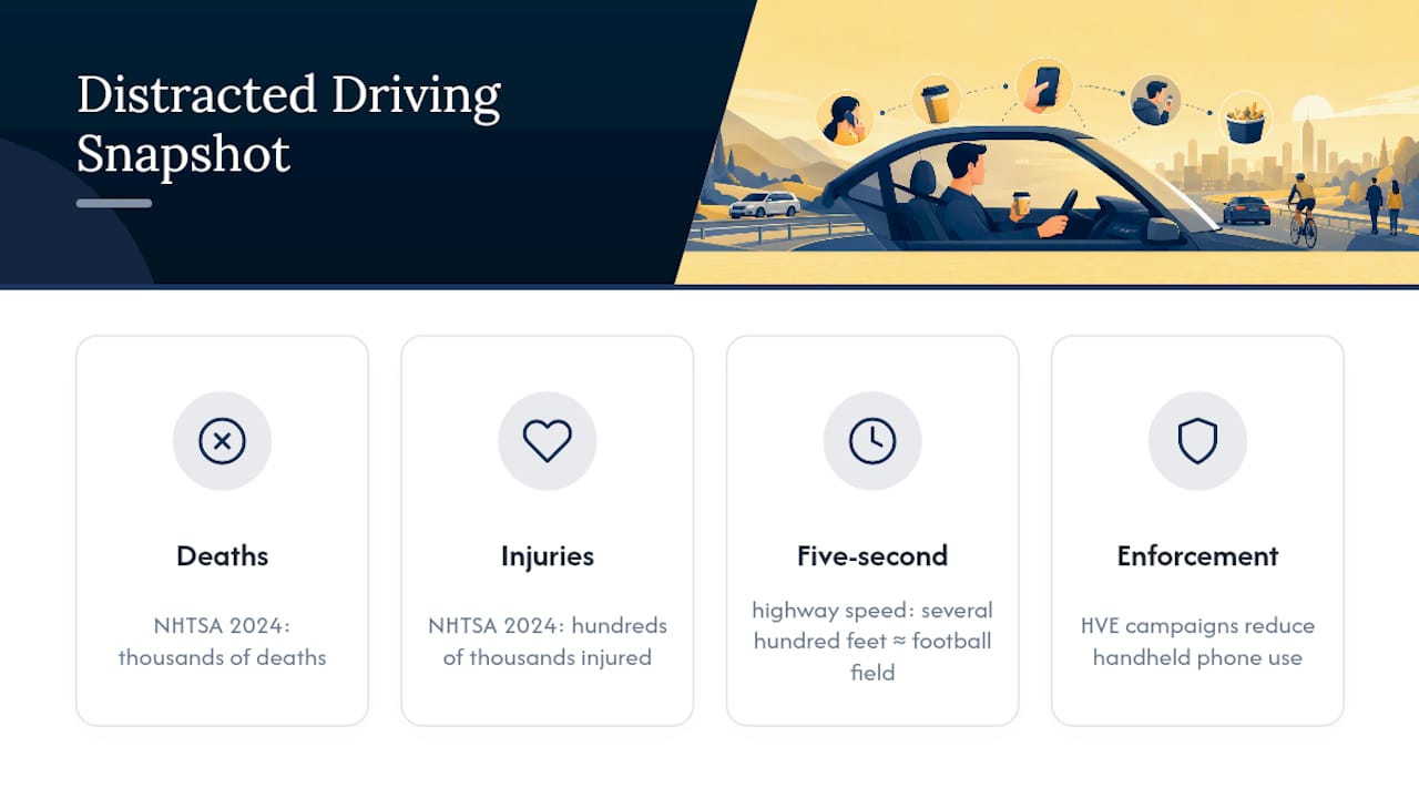 Diagram of distracted driving crash stats and texting danger distances