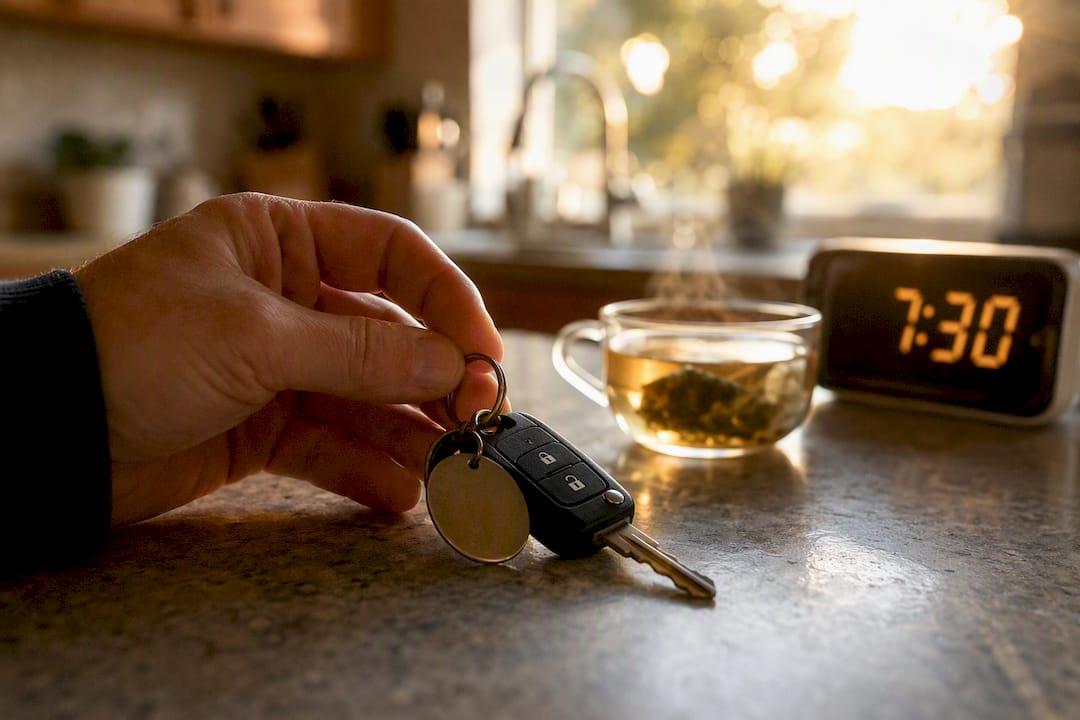 Hand holding car keys with prevention keychain