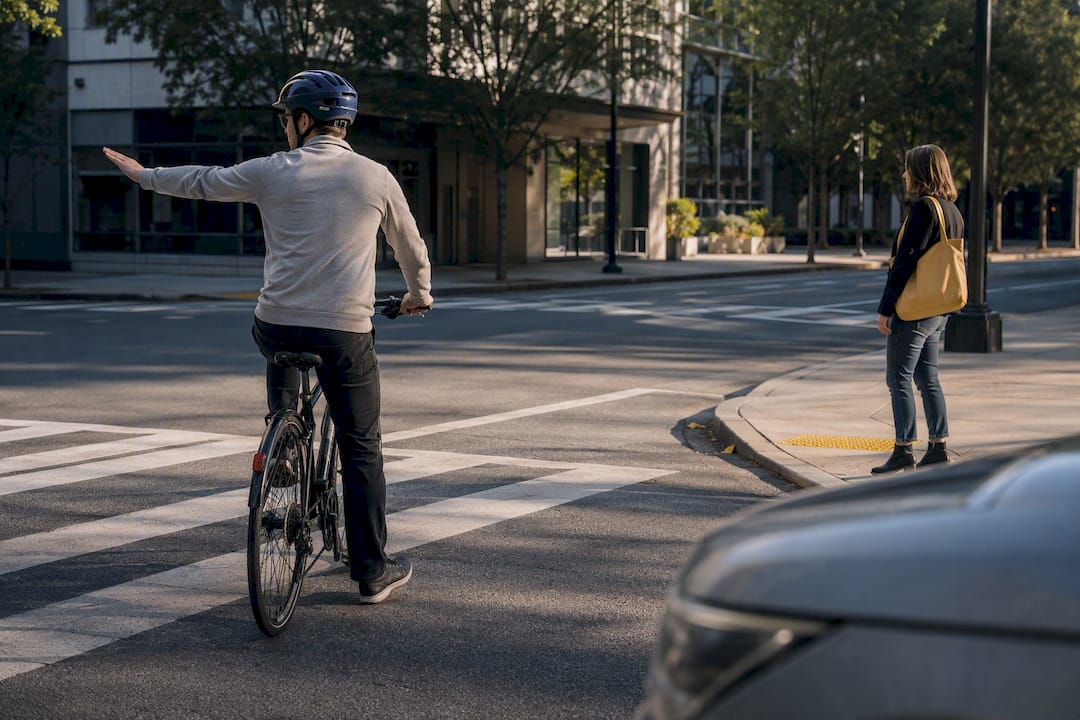 Cyclist and pedestrian at safe intersection