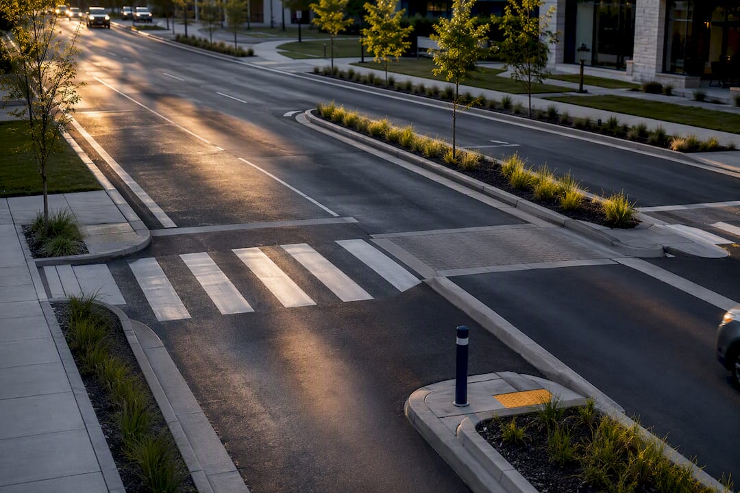 Urban boulevard with raised speed management crossing