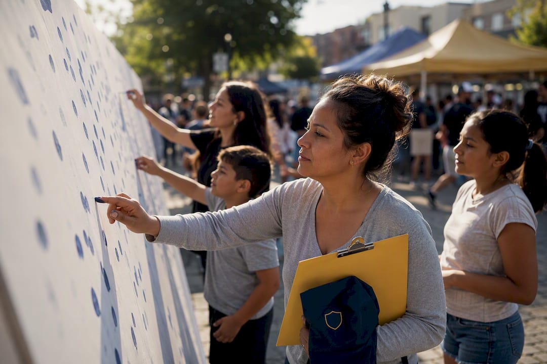 Residents signing a community safety pledge wall
