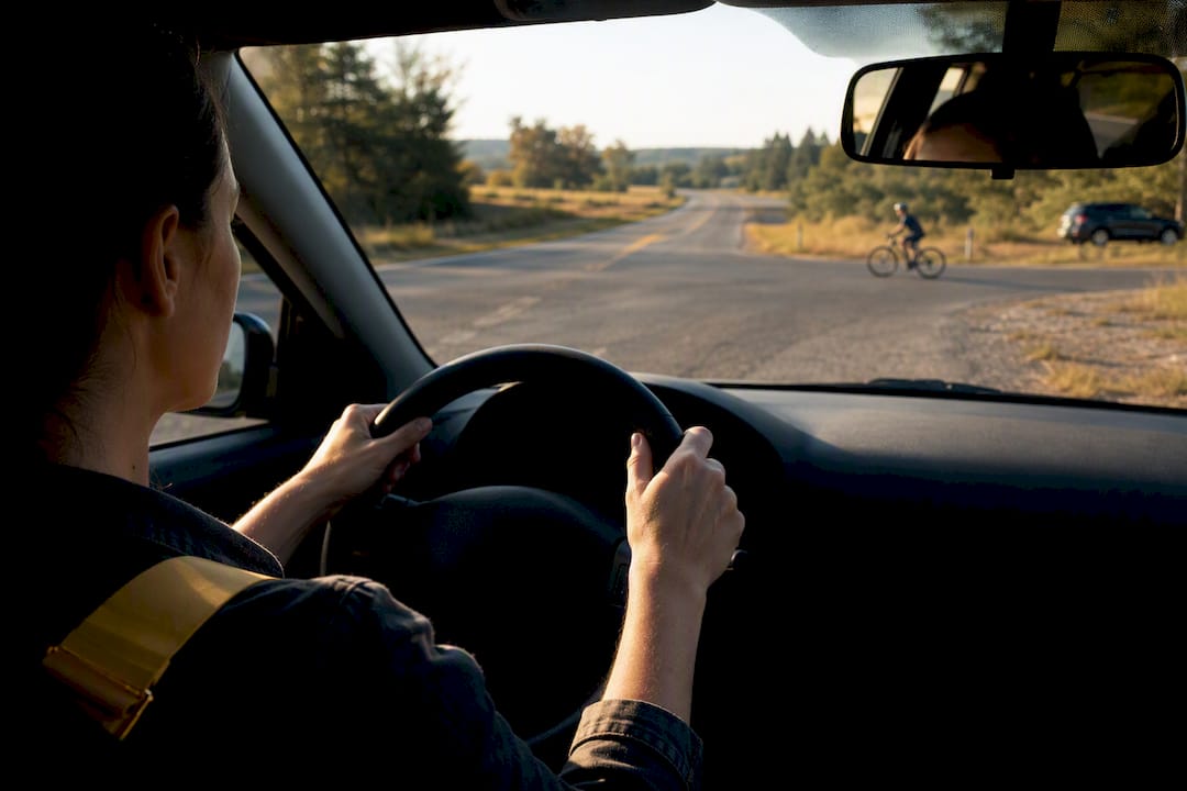Driver scanning rural intersection ahead