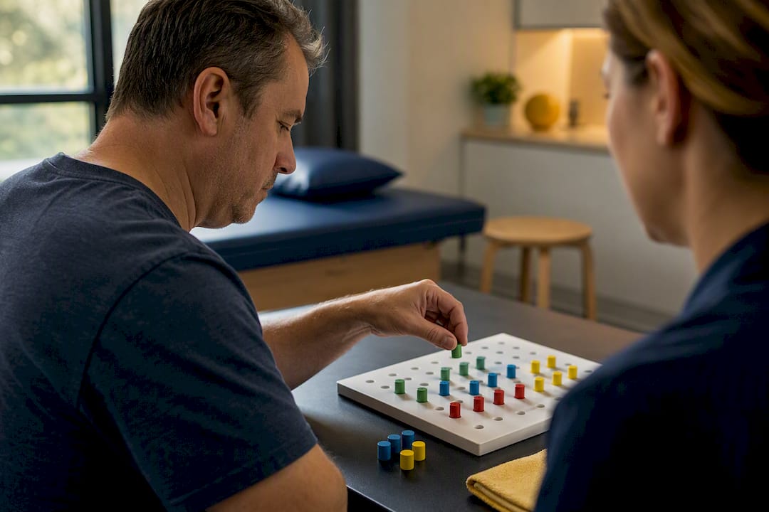Survivor practicing rehabilitation exercise with clinician