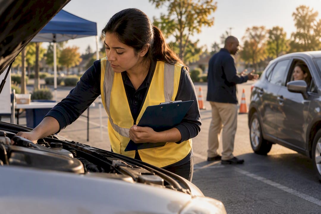 Volunteer conducting a community vehicle safety check