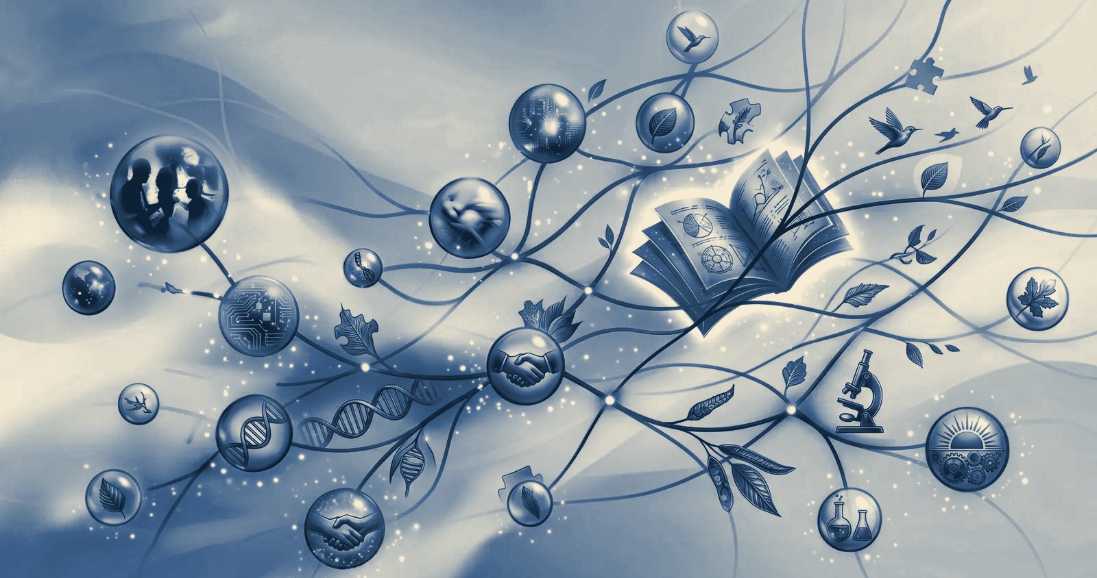 Illustration of research symbols connected by branching lines.