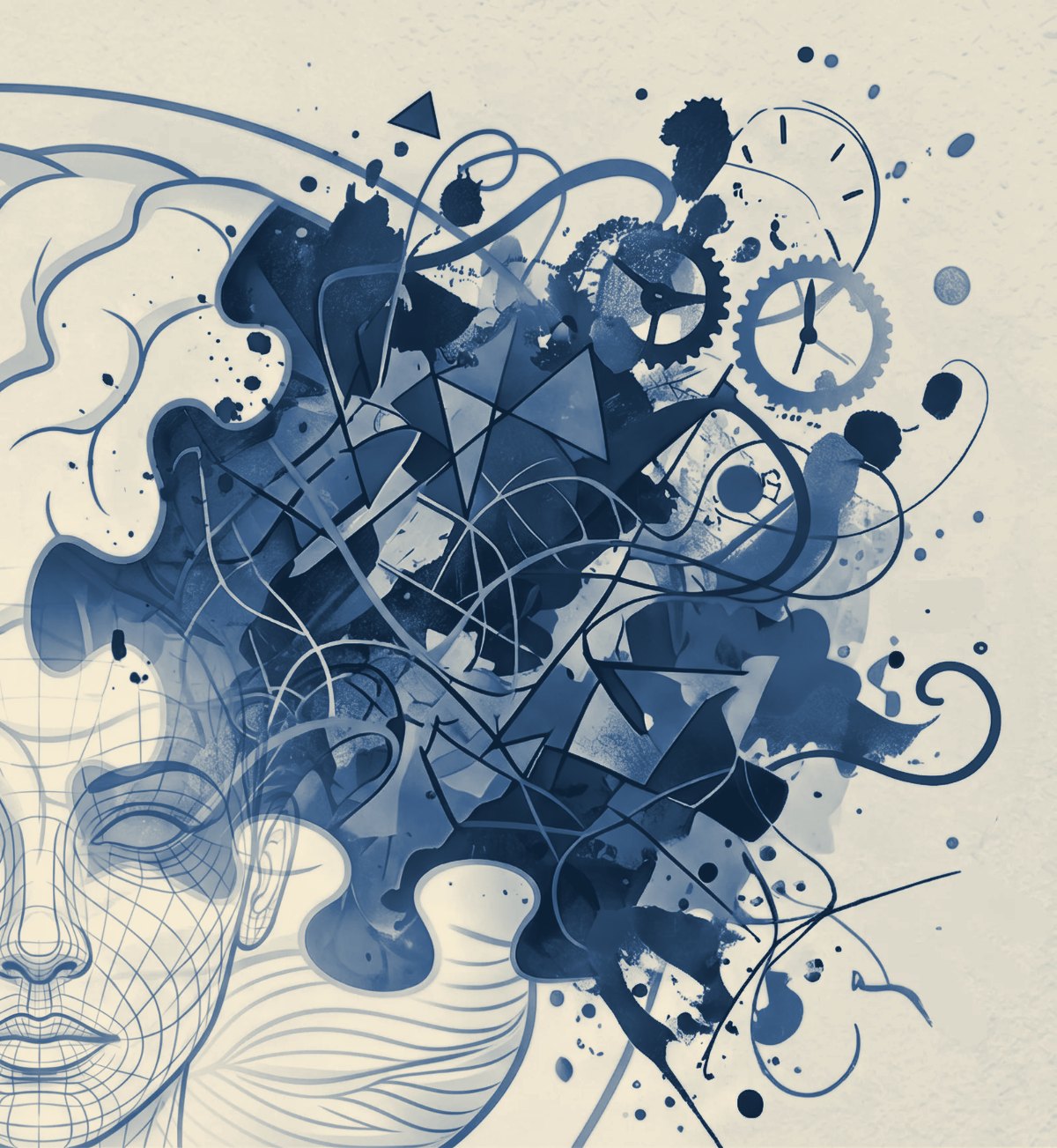 Illustration of a face and a storm of shapes, clocks and gears.