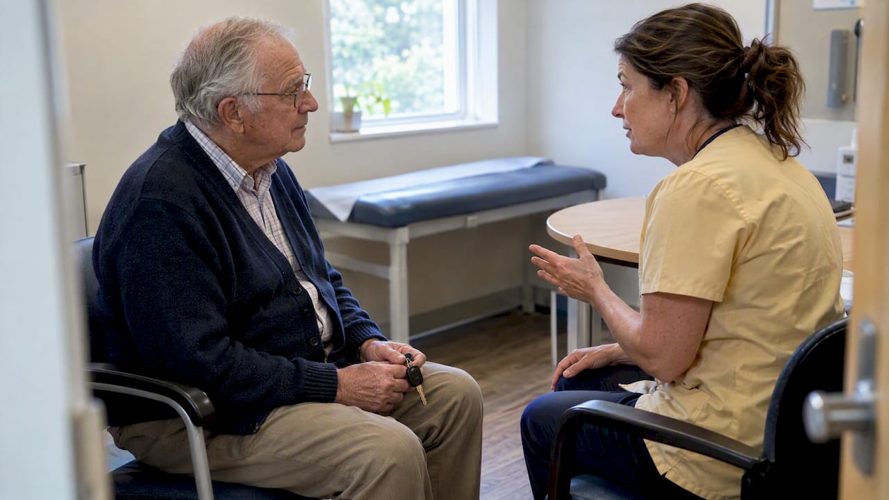 Older driver discussing safety with caregiver
