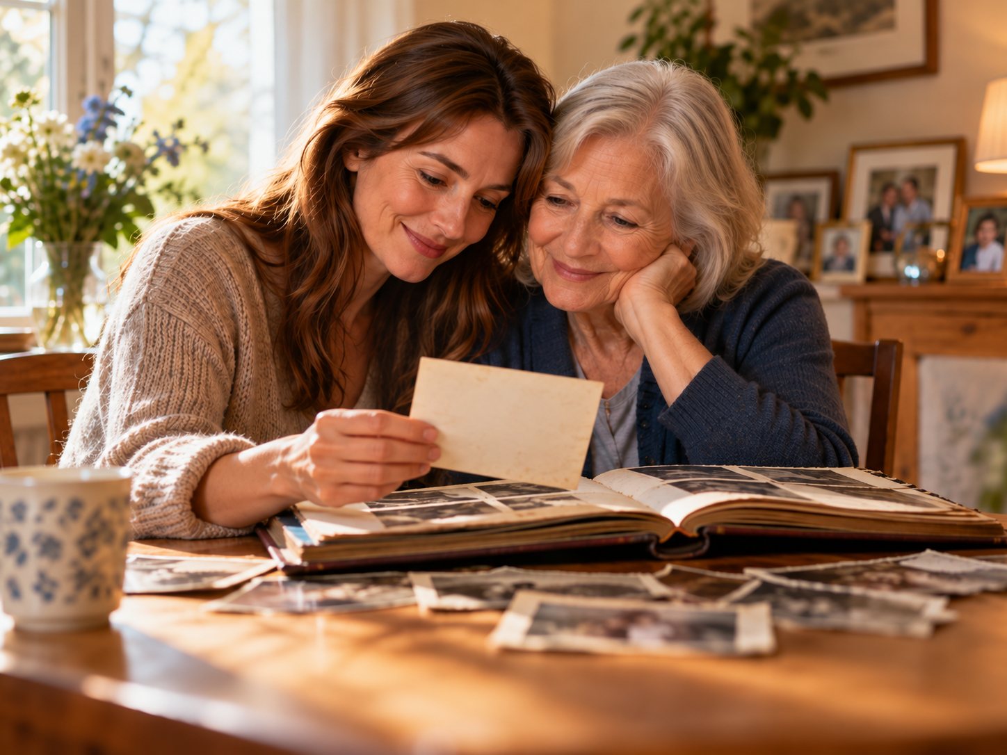 A woman and her elderly mother lean together, smiling, as they look through an old family photo album at the kitchen table.