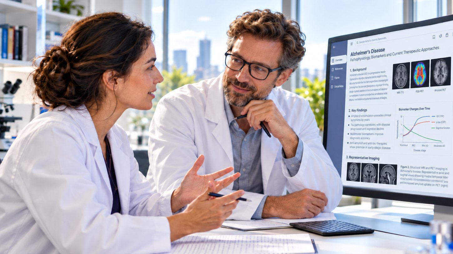 Two researchers in lab coats discuss brain scan images and findings shown on a computer screen.