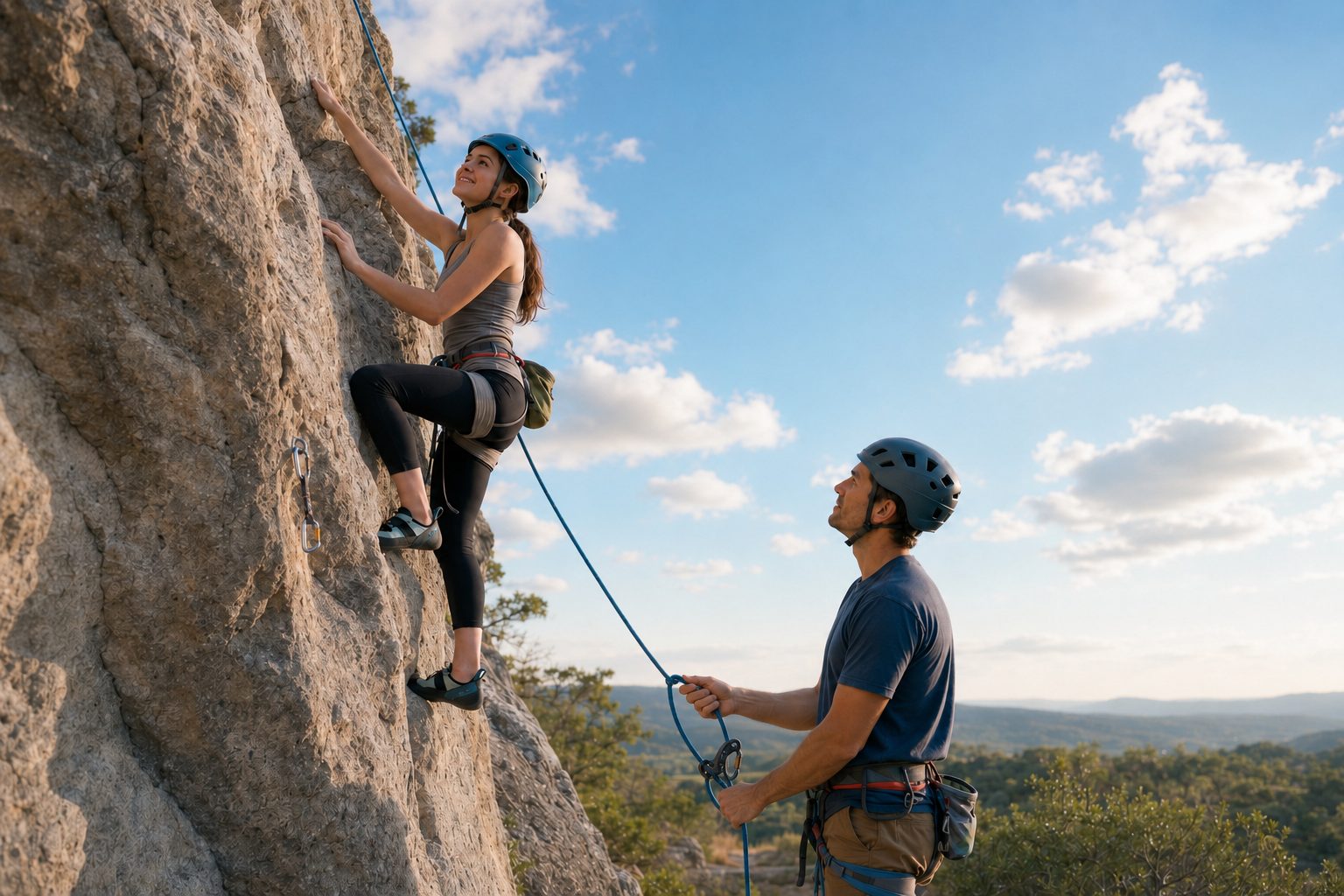 A climber on a rock face while her partner holds the safety rope below