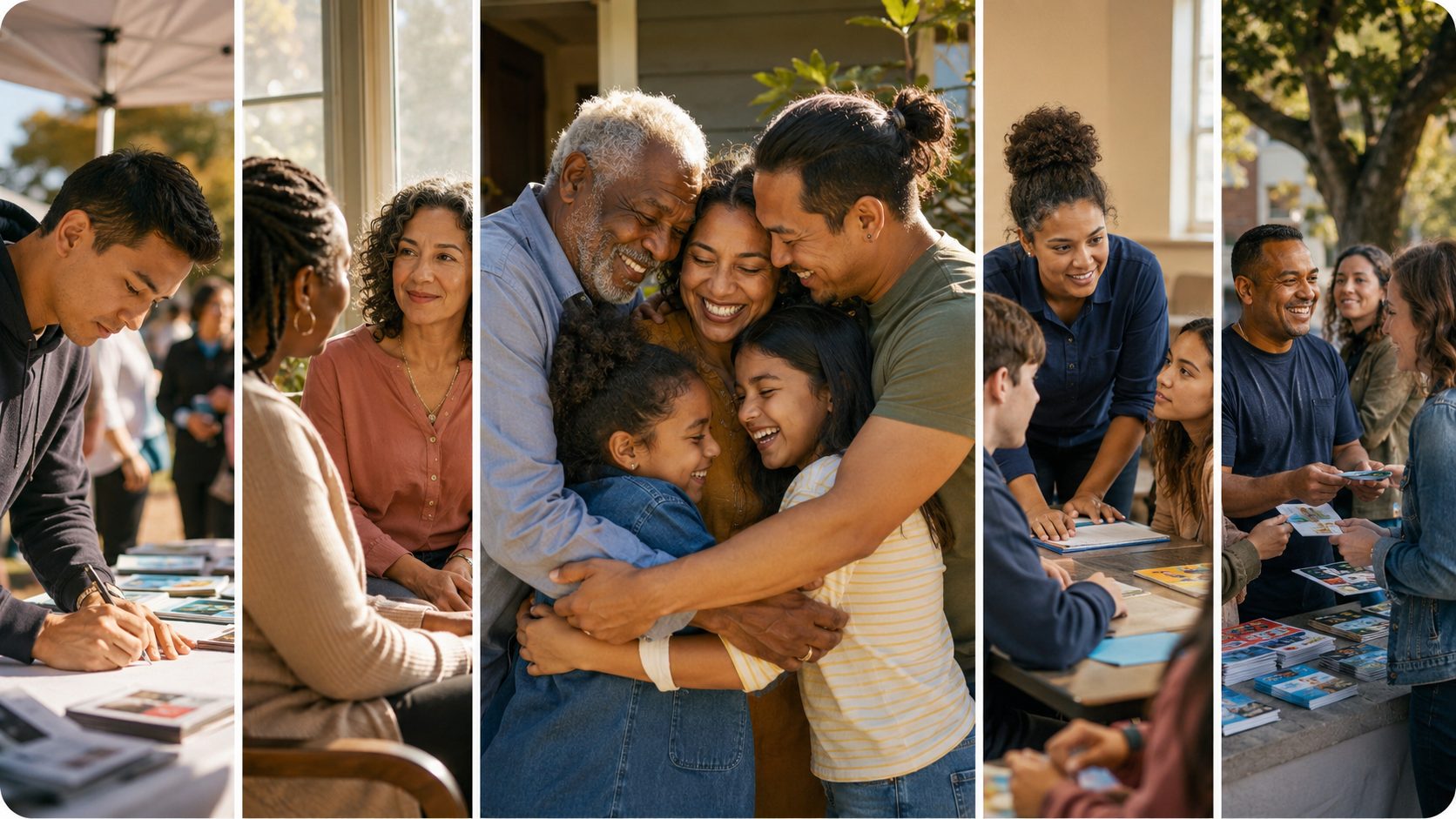Montage of volunteers signing up, people talking, and a multigenerational family hugging