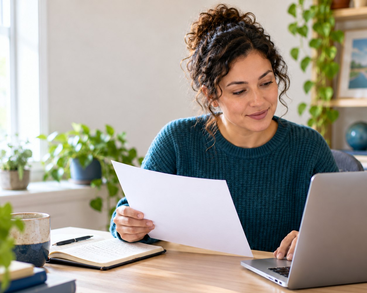 A contributor smiling as she reviews a printed page beside her laptop and notebook