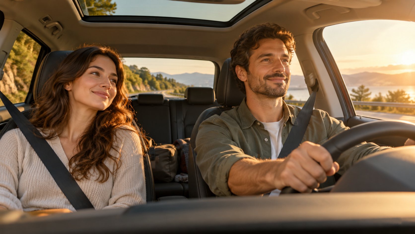 A smiling couple wearing seat belts drives along a coastal road at sunset.