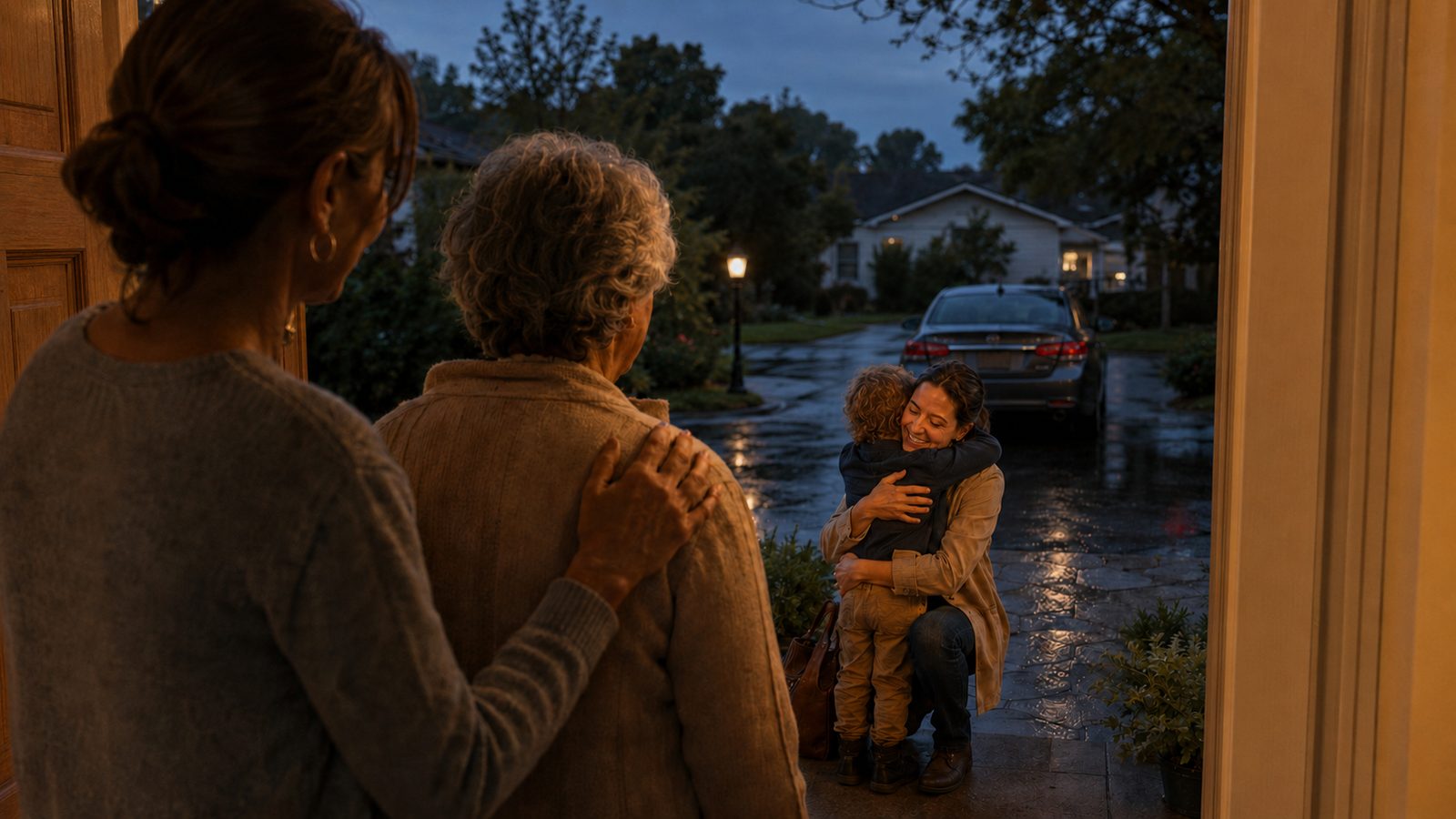 Family members watch from the doorway as a mother and child arrive home on a rainy night