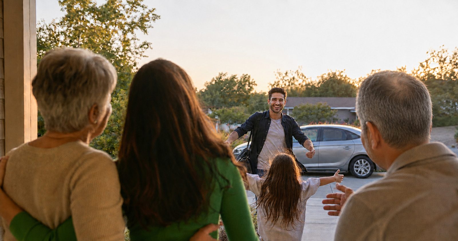 A family at the front door as a father arrives home and his daughter runs to greet him