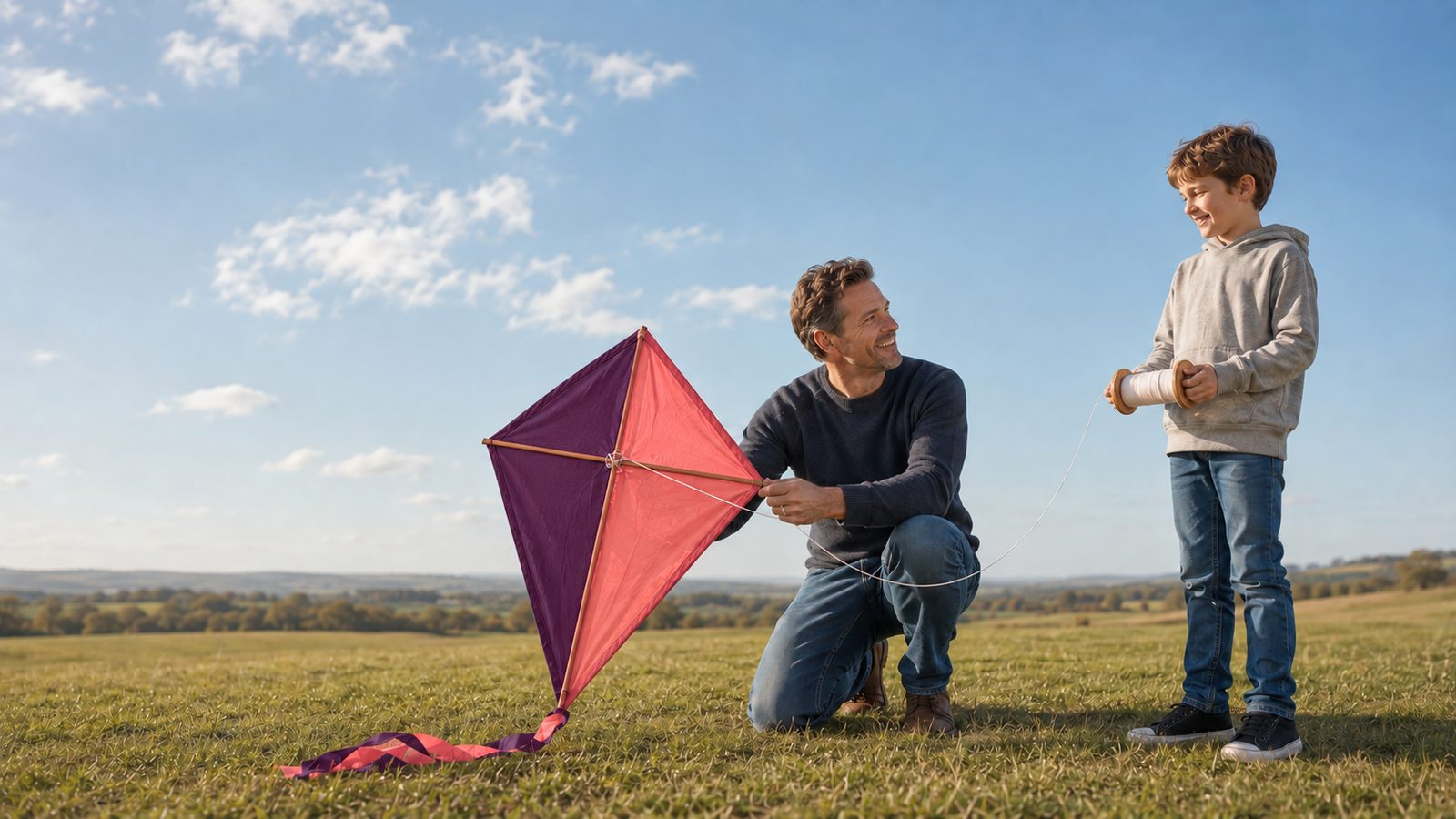 A father and son launch a plum and coral kite in an open field