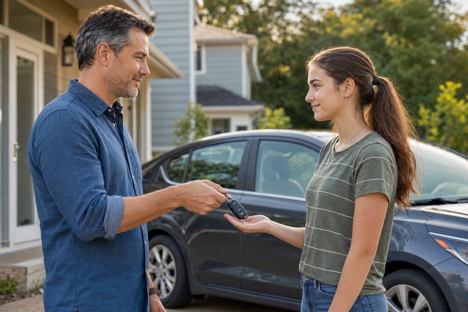 A father hands his teenage daughter the car keys in front of their home