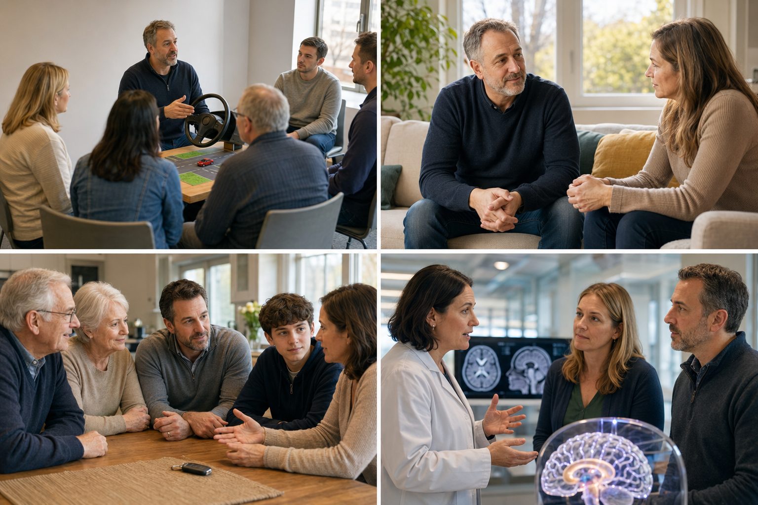 Four scenes: a family driving workshop, a support conversation, a family talk about car keys, and a doctor explaining a brain scan