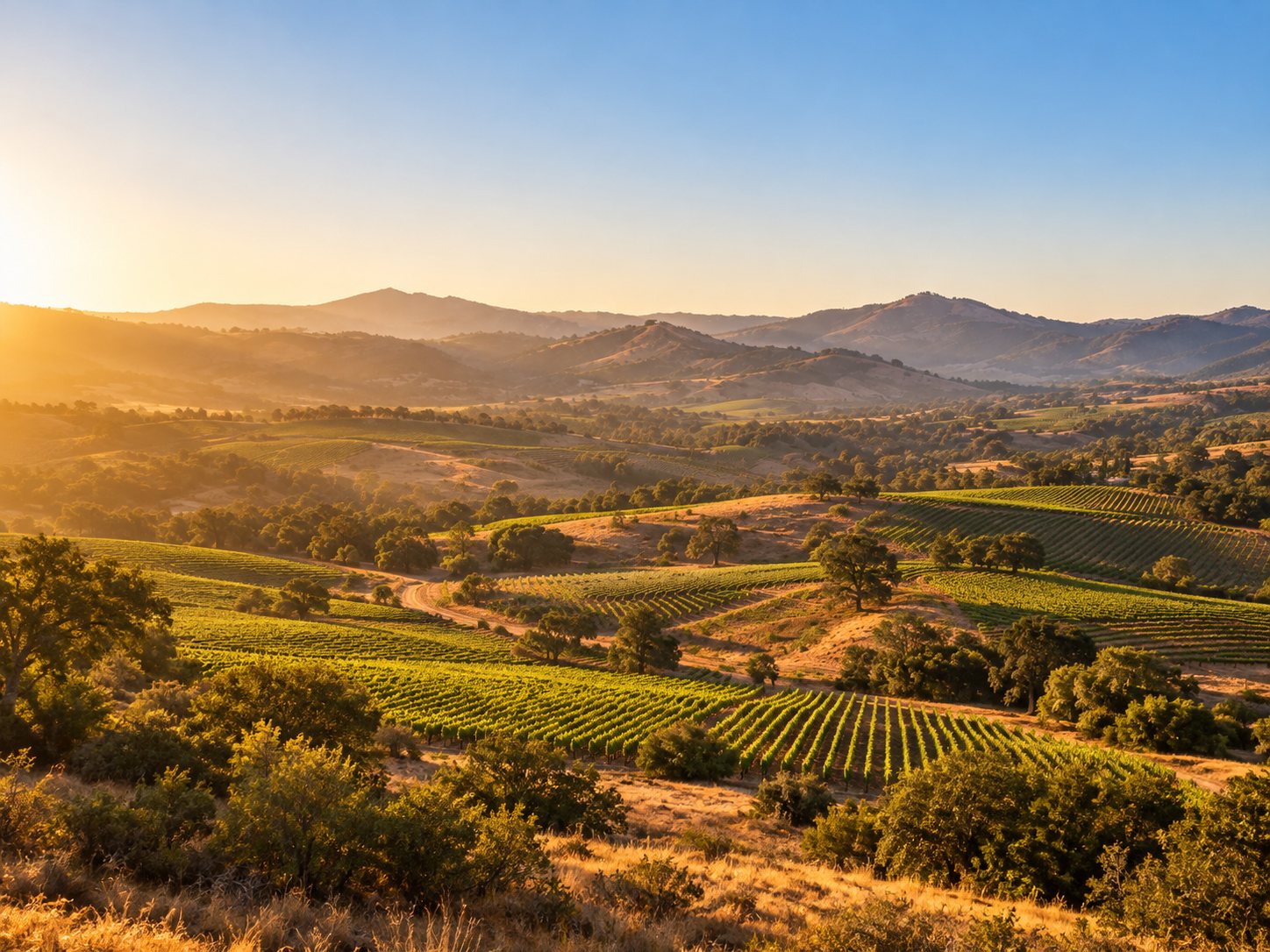 Golden light over rolling vineyards, oak trees and distant hills.