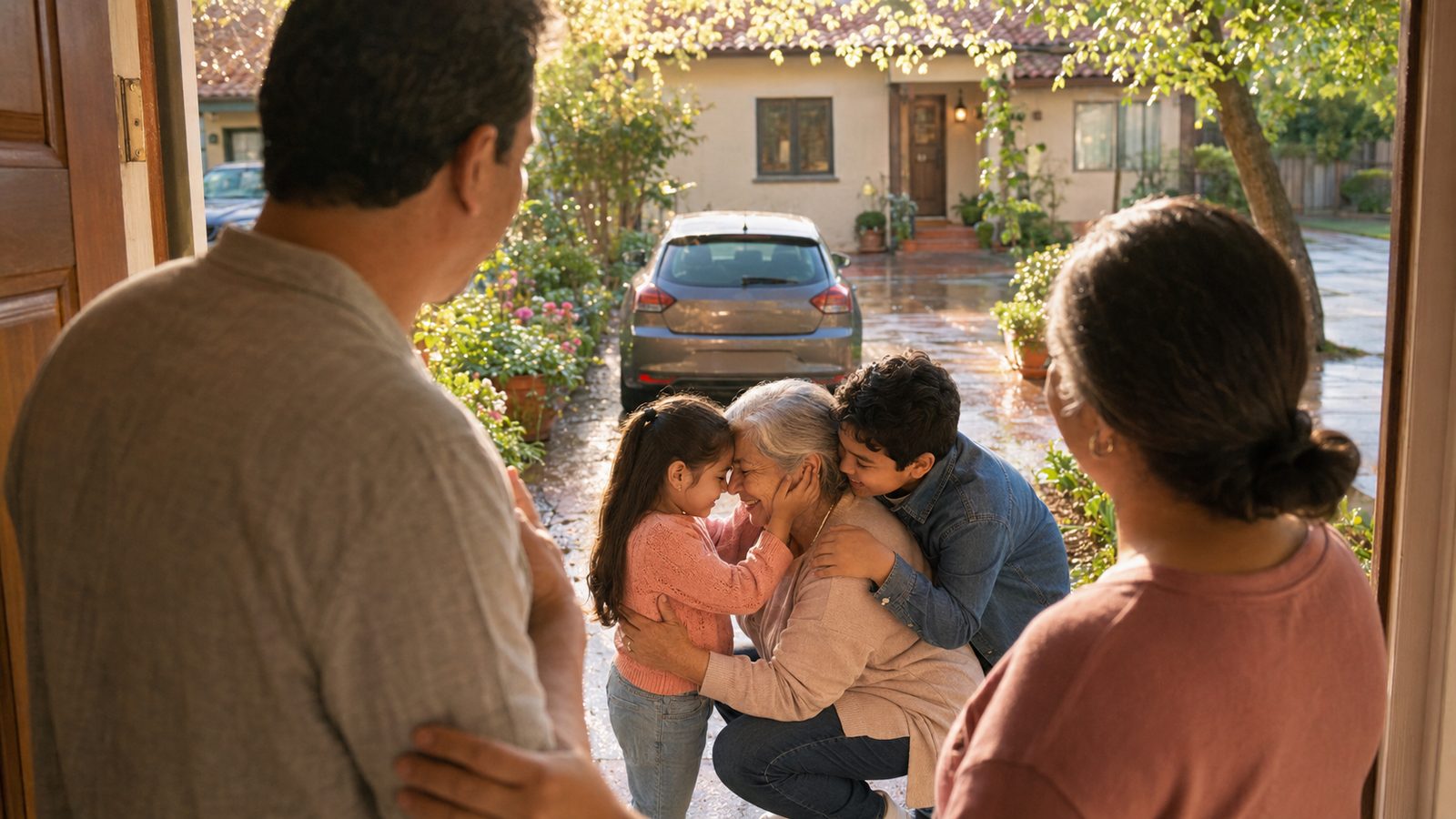 A grandmother hugs her grandchildren beside the car while the family watches from the doorway
