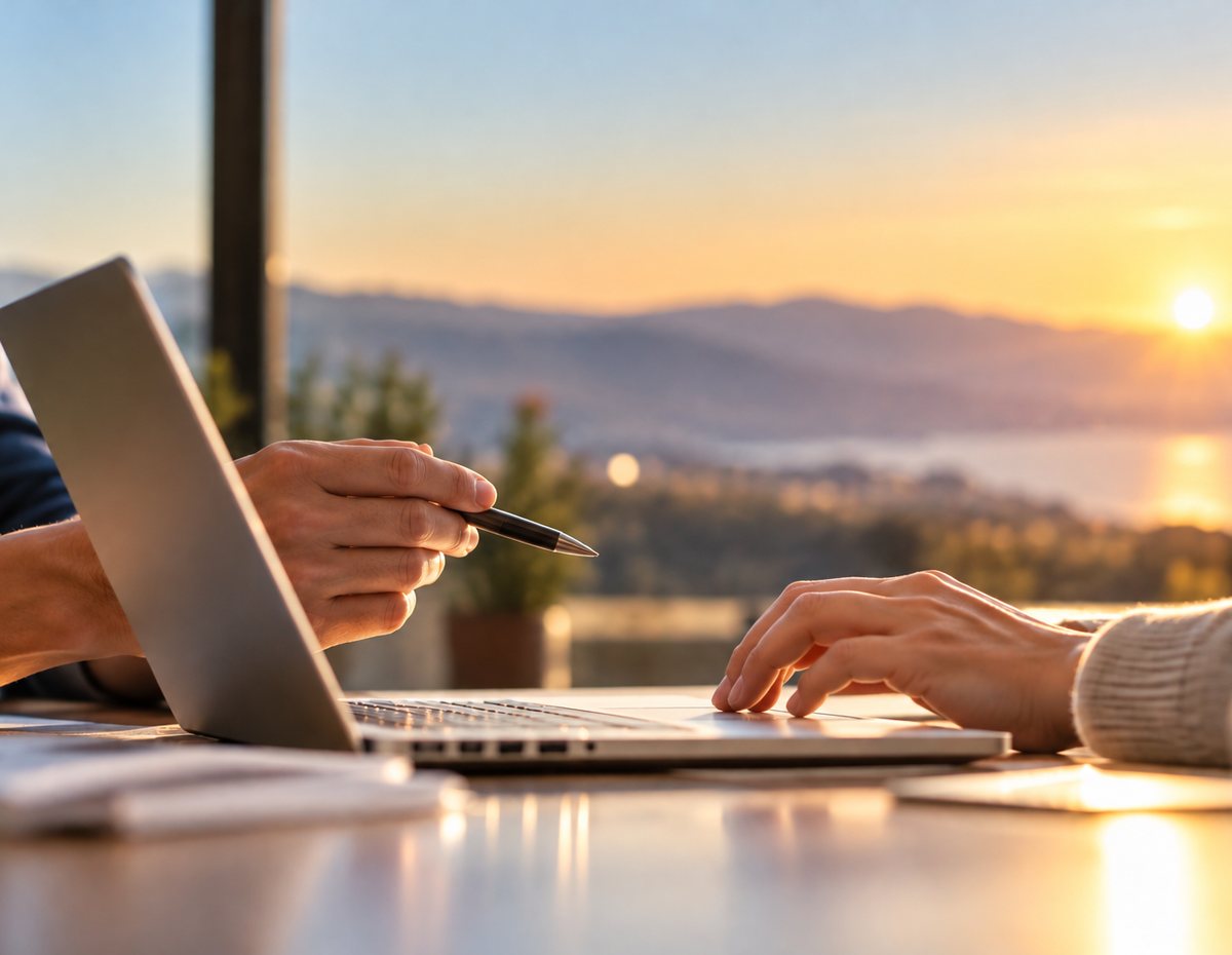 Two people work together at a laptop by a window, one pointing with a pen, as golden light falls over hills and water.