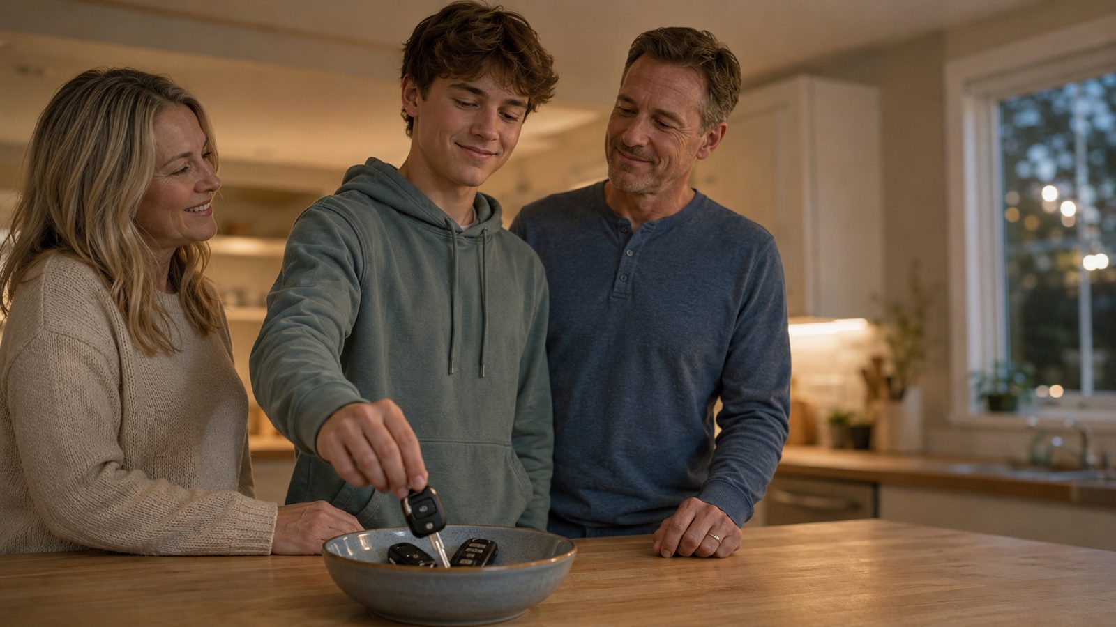 A teen drops his car keys in the bowl at home while his parents smile
