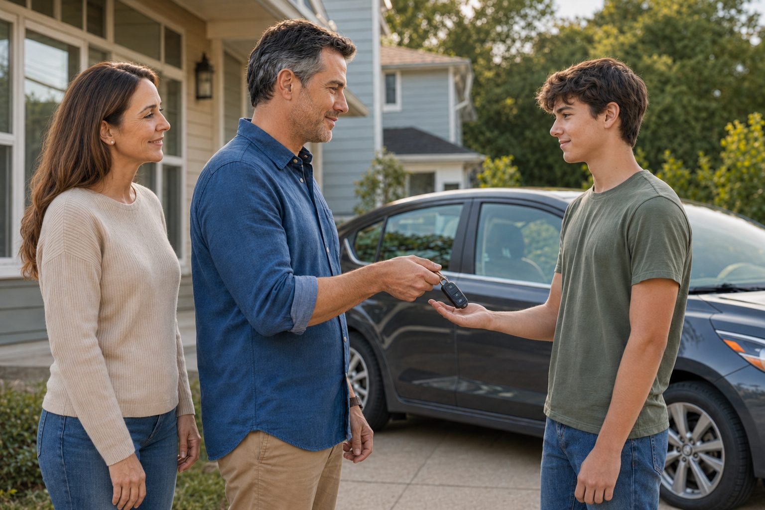 Parents hand the car keys to their teenage son in the driveway