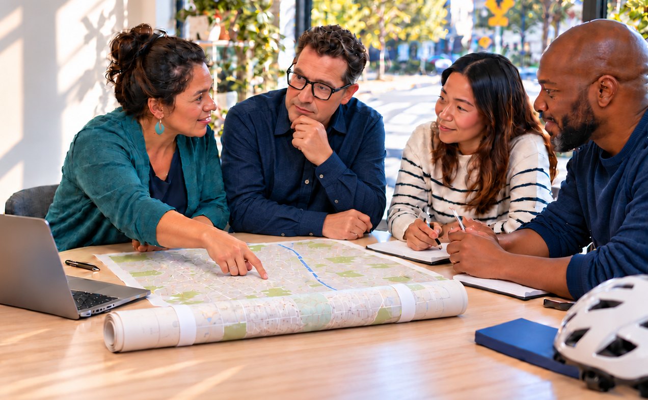 Four community partners planning together around a city map at a sunlit table
