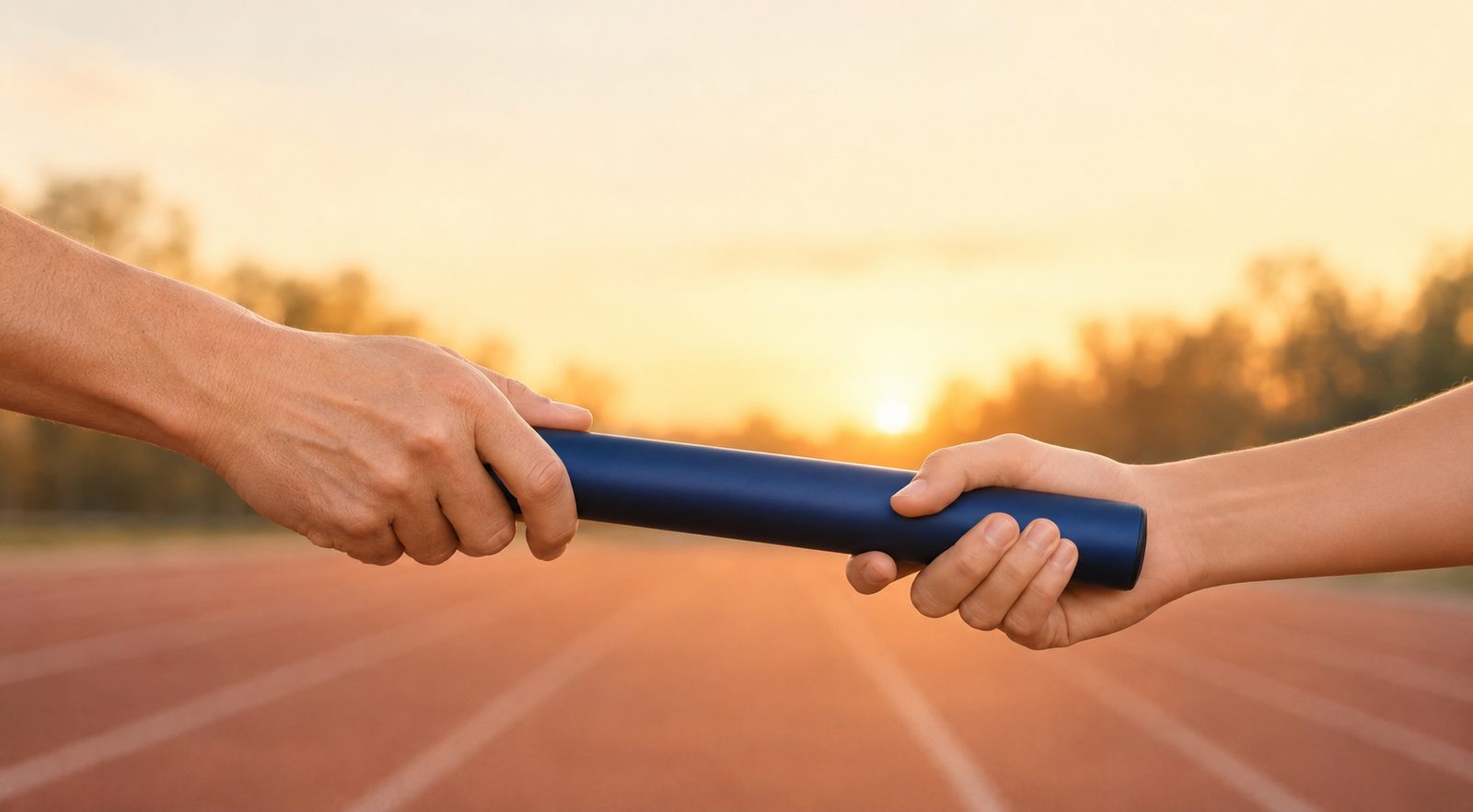 A relay baton being passed between two hands on a running track at sunset