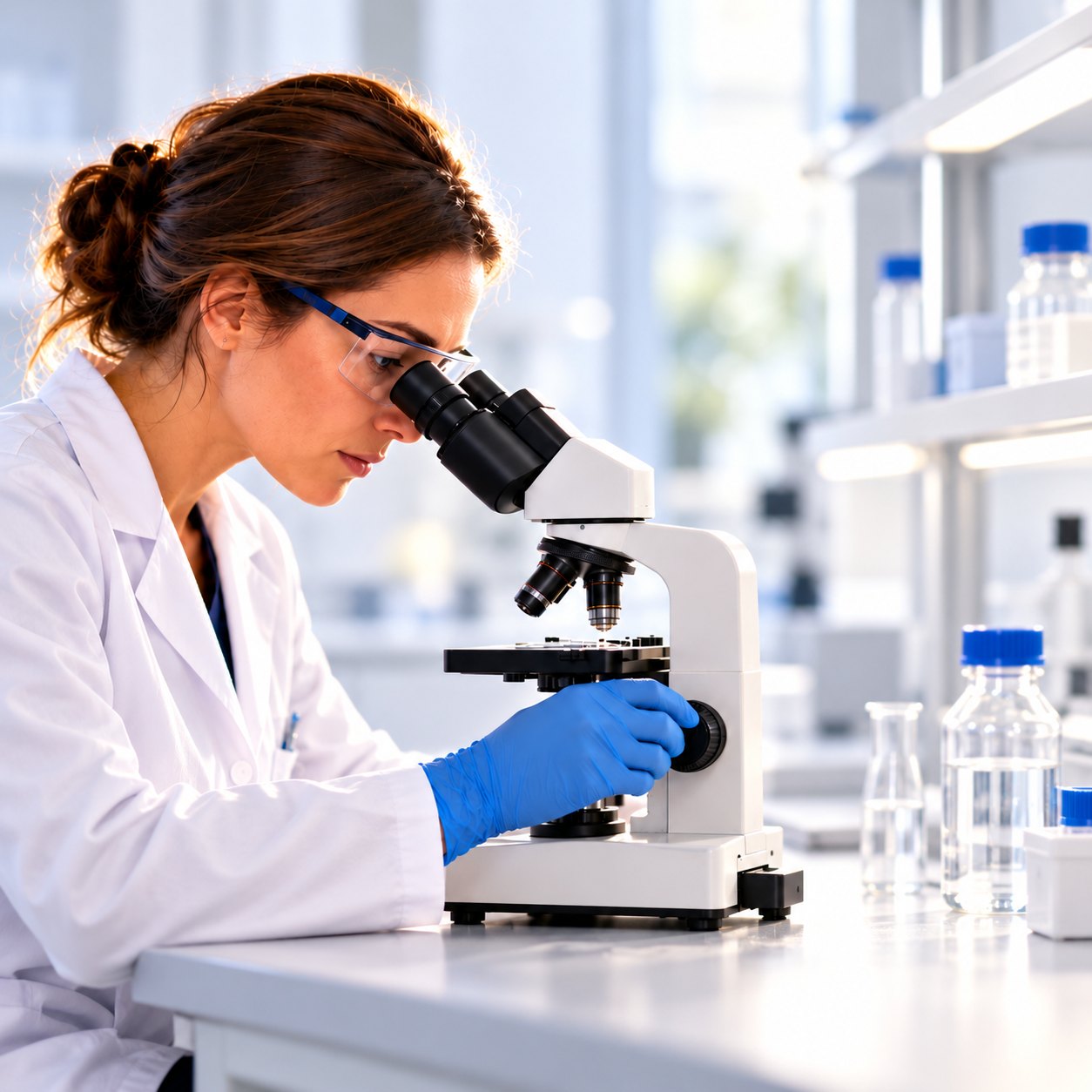 Researcher in a lab coat and safety glasses looking through a microscope in a bright laboratory