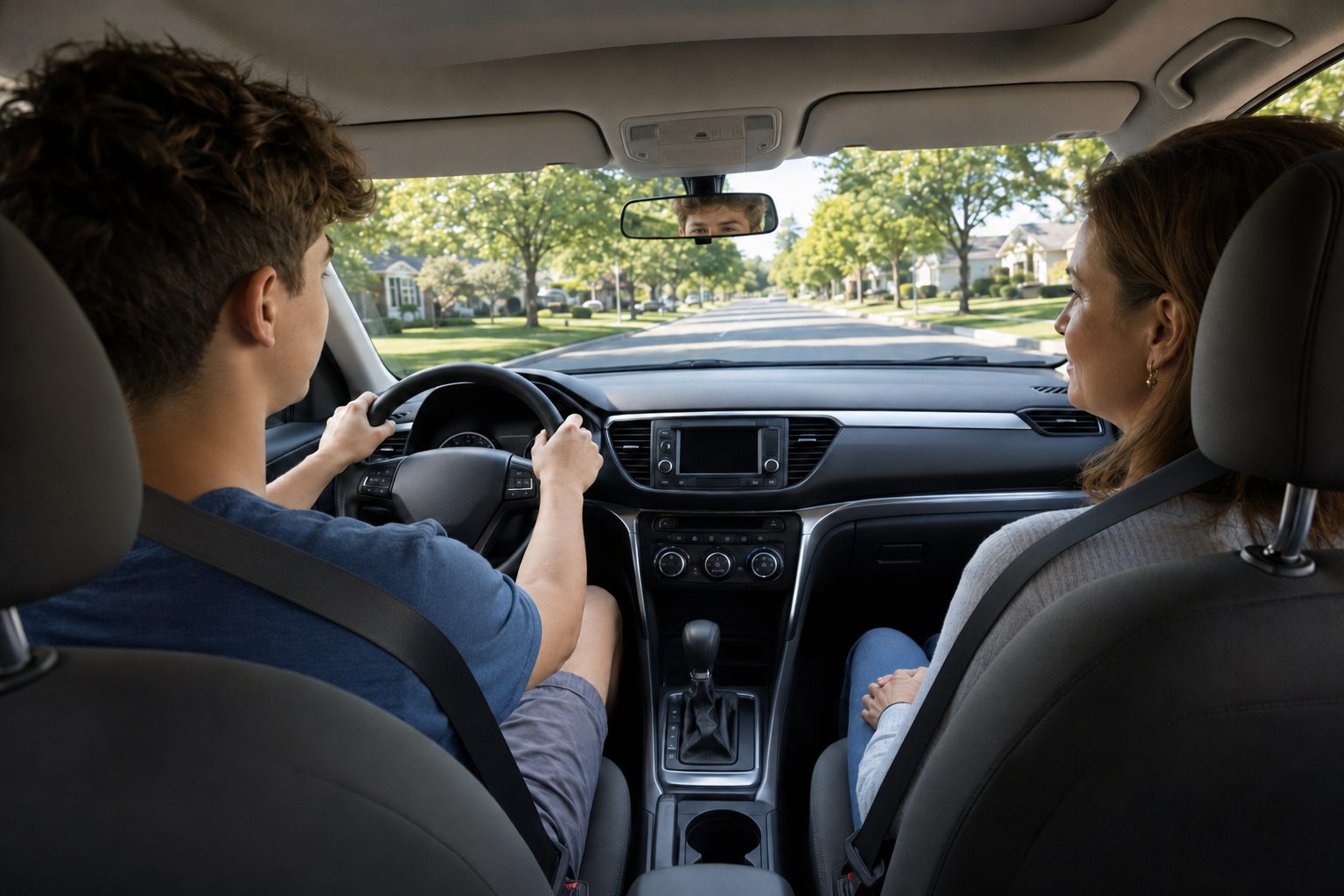 A teen practices driving with his mother in the passenger seat