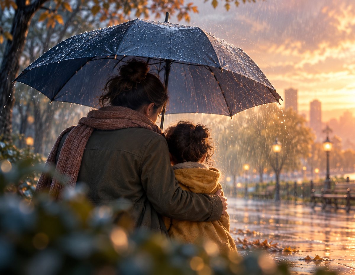 A parent and child share an umbrella in the rain as warm light breaks ahead.