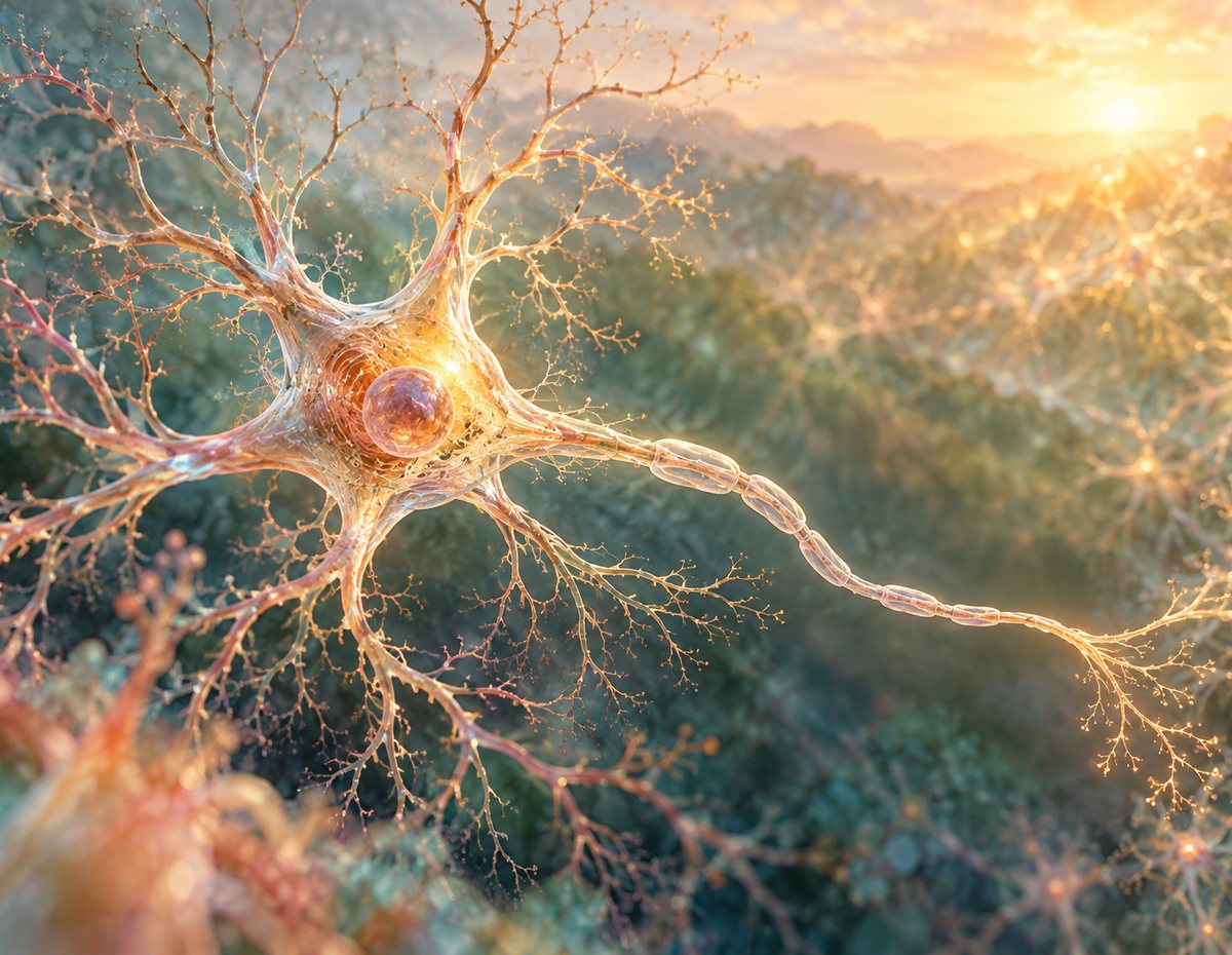 Illustration of a glowing nerve cell reaching toward morning light.