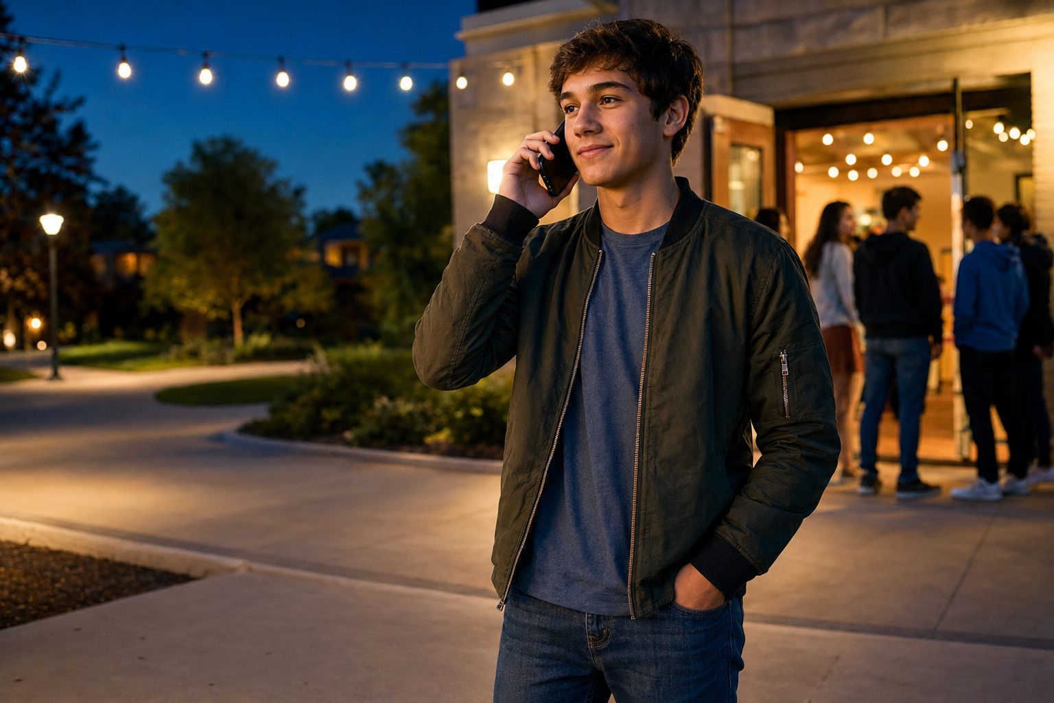 A teen steps away from friends at night to make a phone call