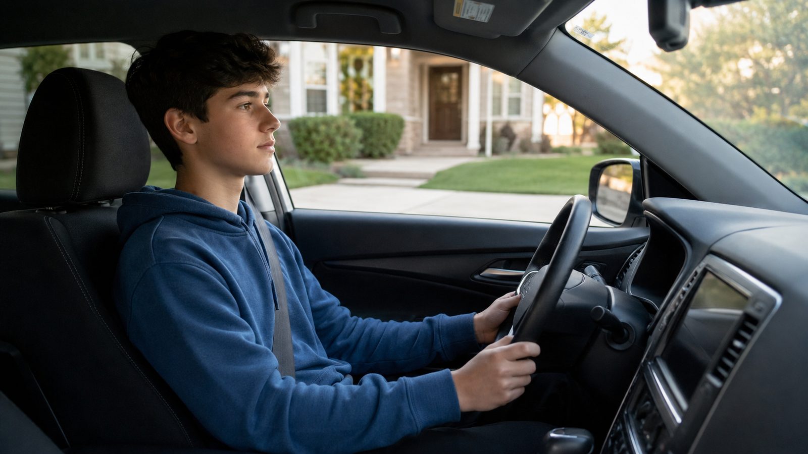A teen driver, buckled in, with both hands on the wheel and eyes on the road