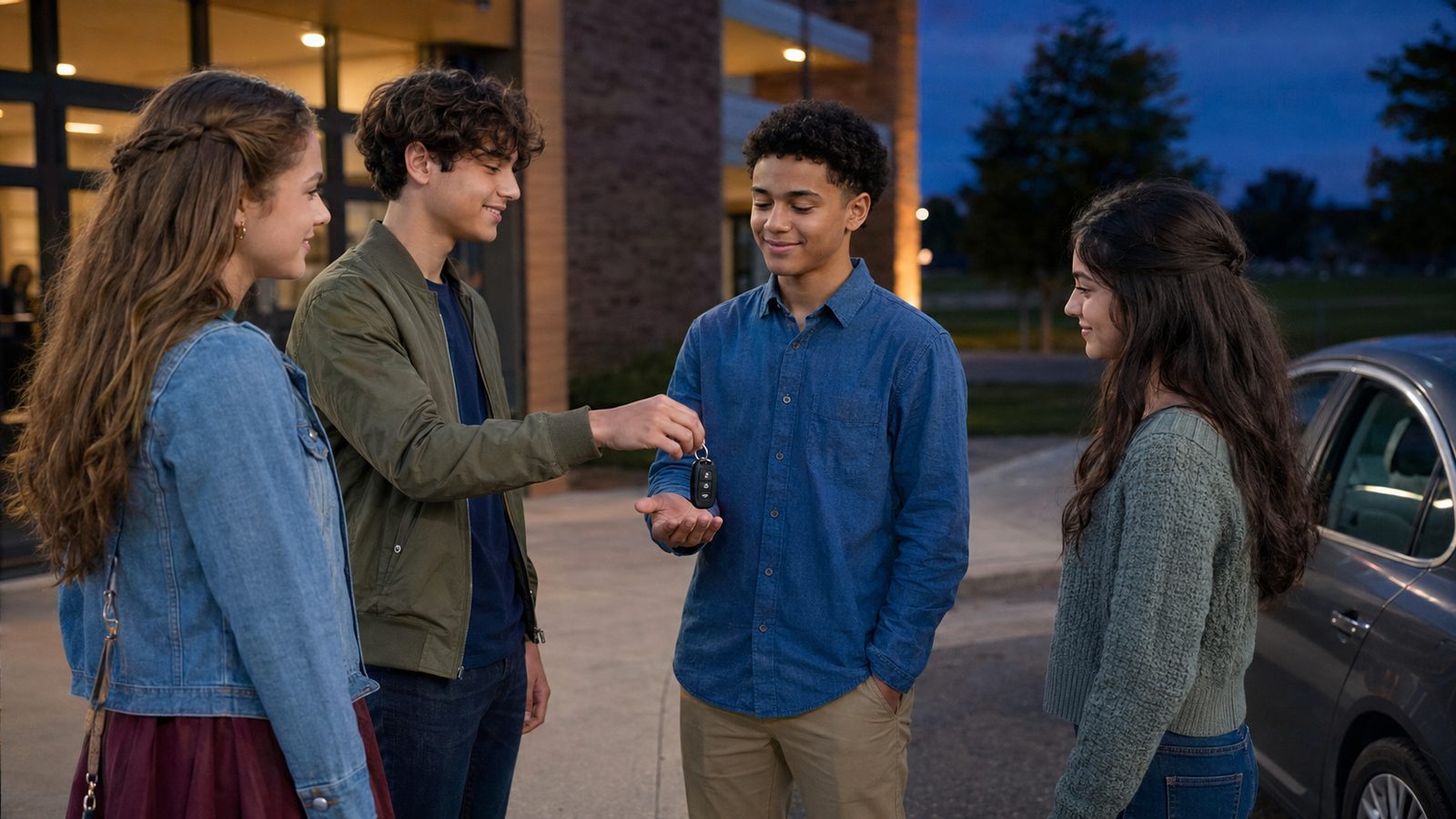 A group of teens beside a car at night as the car keys change hands