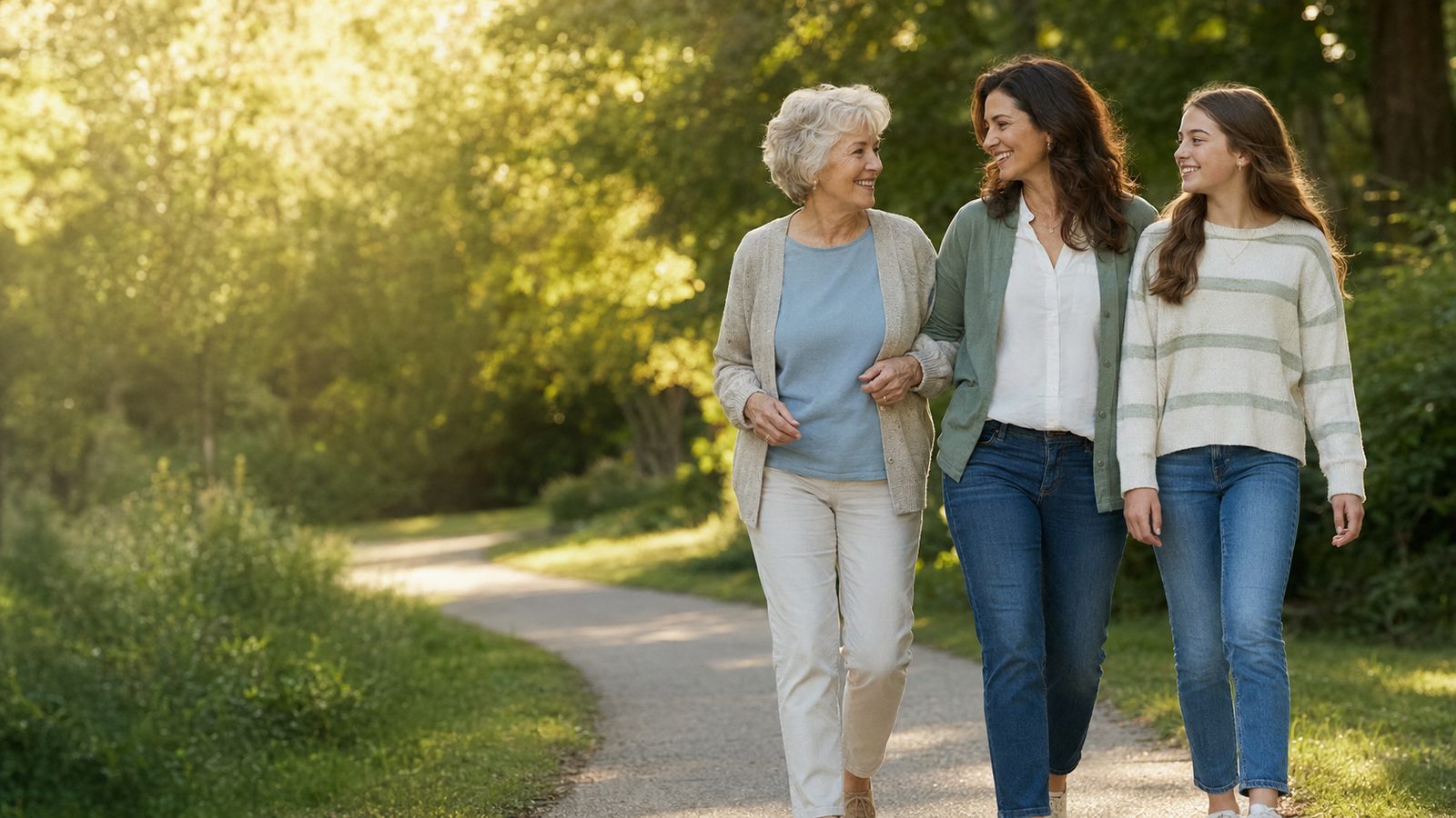 Grandmother, mother and daughter walking together on a sunlit path