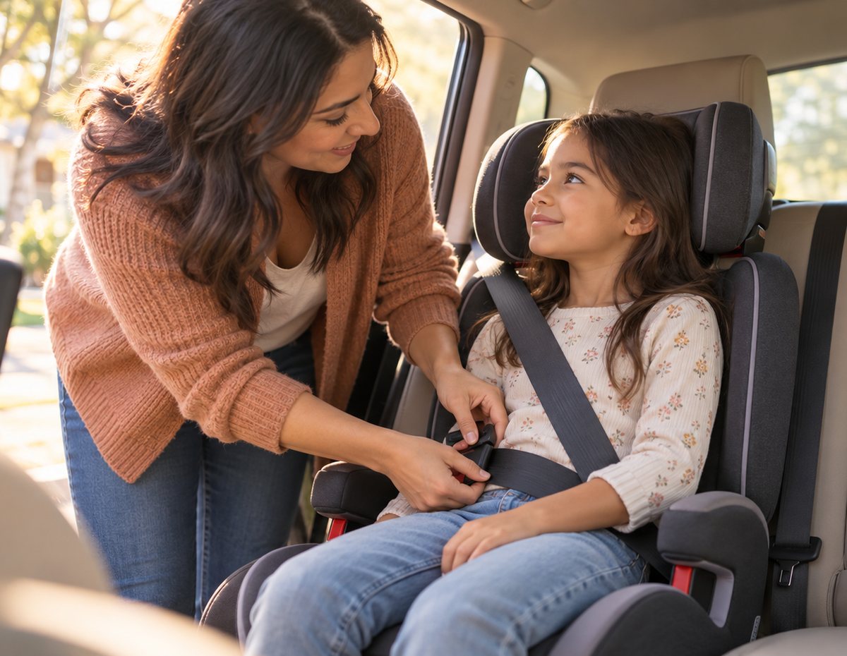 A mother checks the seat belt fit as her daughter sits in a high back booster seat.