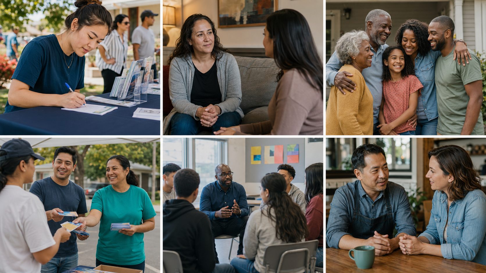 Montage of volunteers at a sign-up table, handing out materials, and leading a support circle