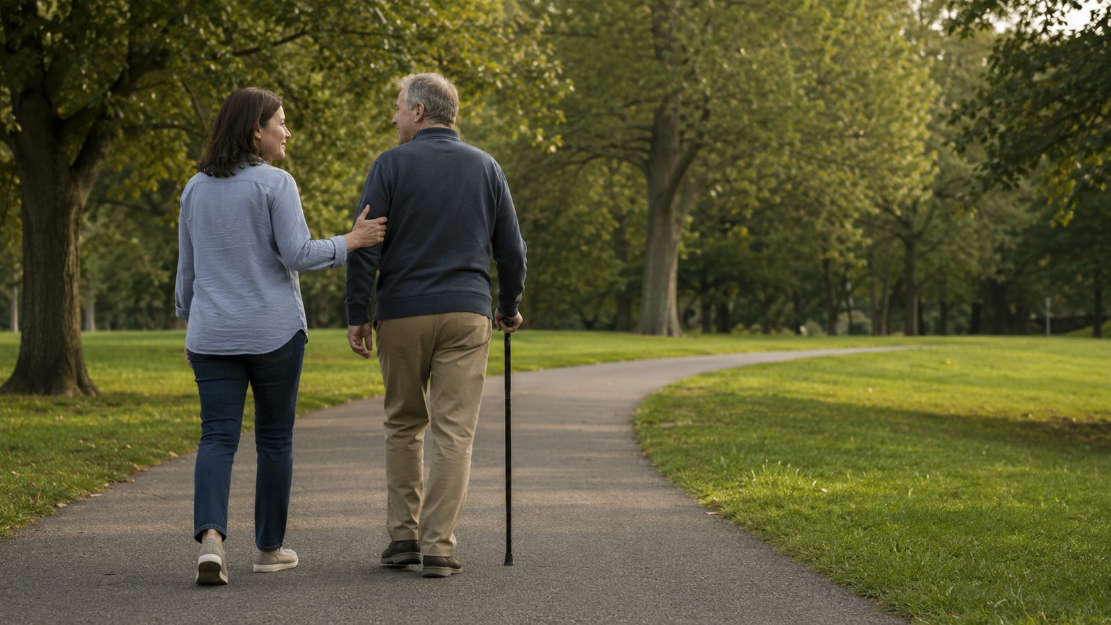 A woman walks beside an older man using a cane on a park path